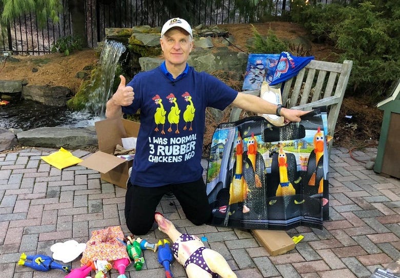 WNEP's Joe Snedeker with rubber chickens
