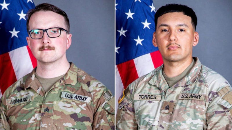 This undated combo photo created with images released by the Iowa National Guard shows Sgts. William Nathaniel Howard, left, and Edgar Brian Torres-Tovar. 