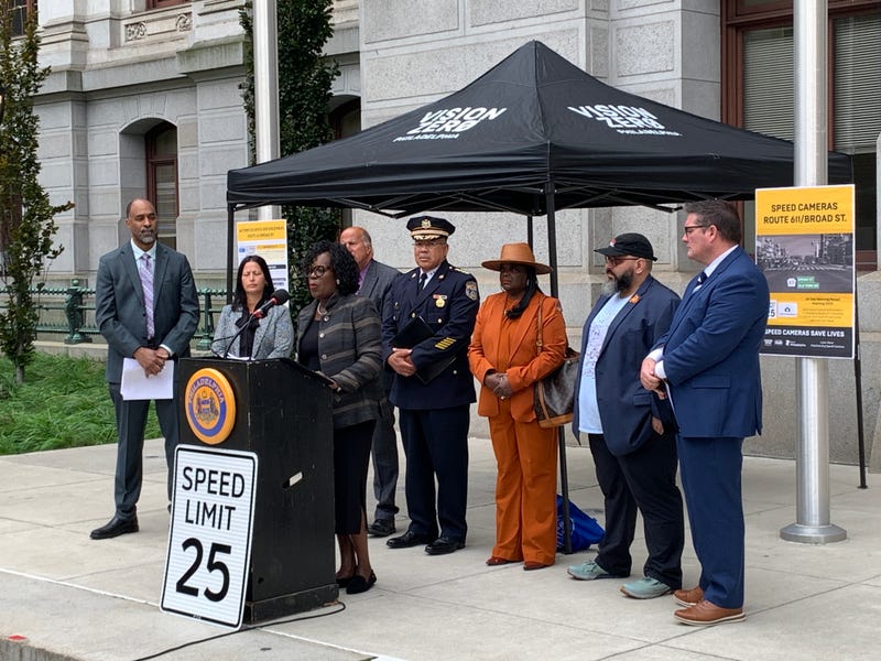 Mayor Cherelle Parkers speaks alongside other city officials at City Hall announcing the new speed cameras on Broad Street.