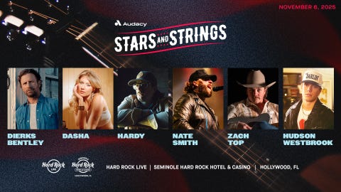 Audacy's Stars and Strings featuring Dierks Bentley, Dasha, Nate Smith, Zach Top, Hudson Westbrook, and HARDY