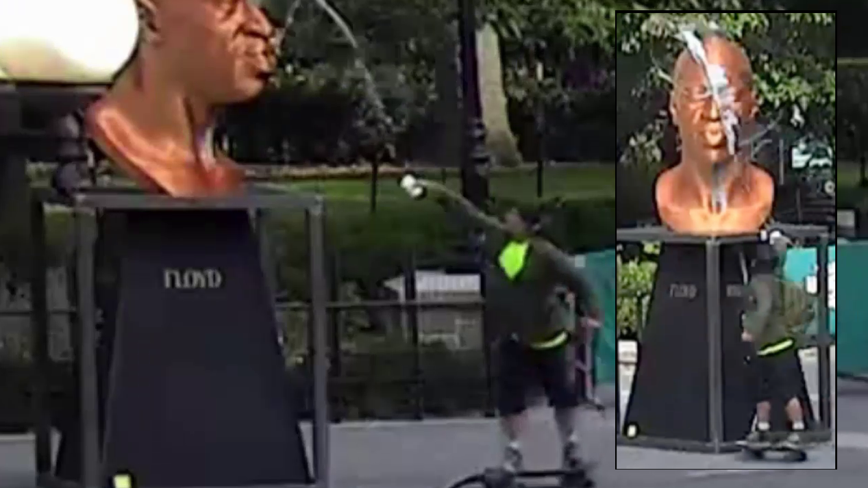 VIDEO: Police seek man who threw paint on newly unveiled George Floyd statue in Union Square