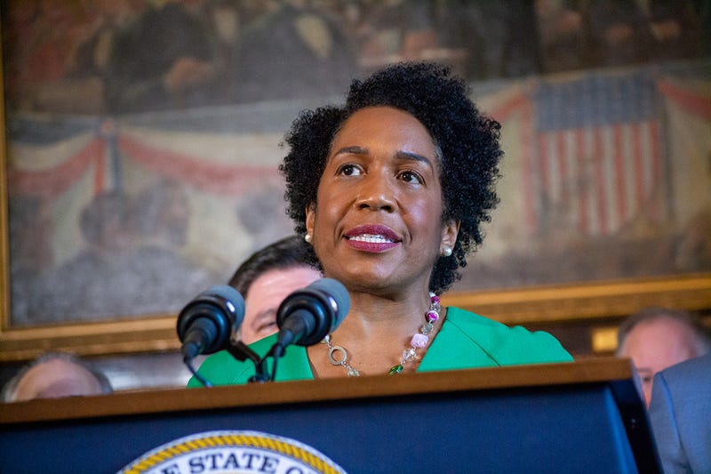 Lt. Gov. Juliana Stratton is pictured at a news conference in the governor’s office in 2023.