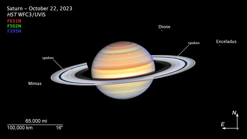 This photo of Saturn was taken by NASA's Hubble Space Telescope on October 22, 2023, when the ringed planet was approximately 850 million miles from Earth. Hubble's ultra-sharp vision reveals a phenomenon called ring spokes.