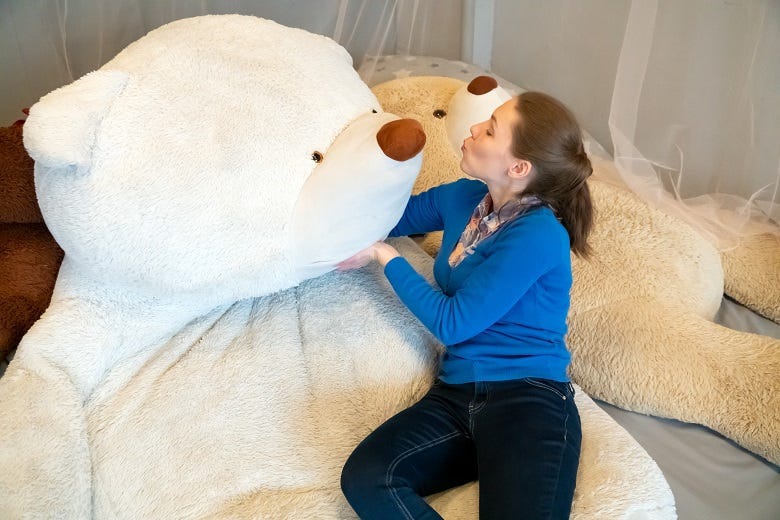 Woman with giant stuffed bears