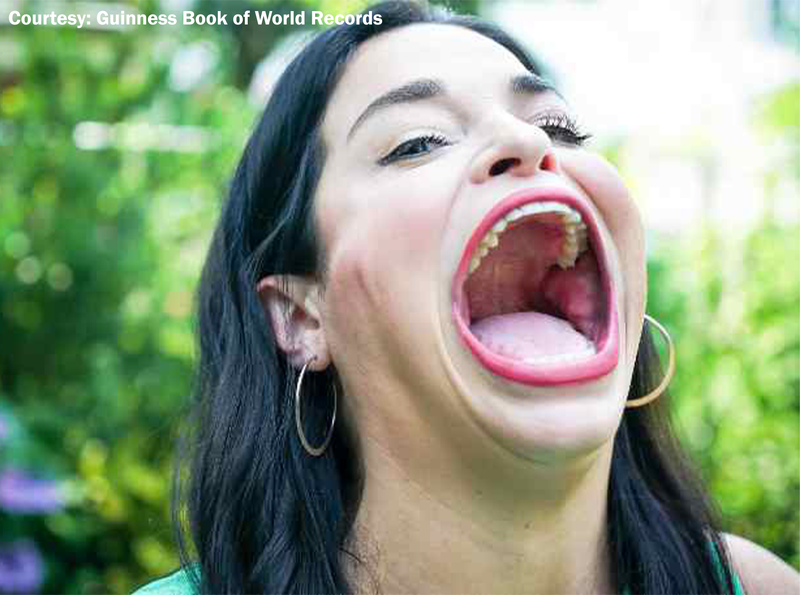 The Guinness World Record confirmed Samantha Ramsdell has “the world’s largest mouth gape (female).” It stretched at 6.52 cm.