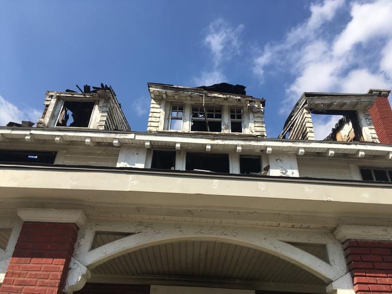 The exterior of Satchel Paige's former home in Kansas City, which was damaged by fire in 2018.