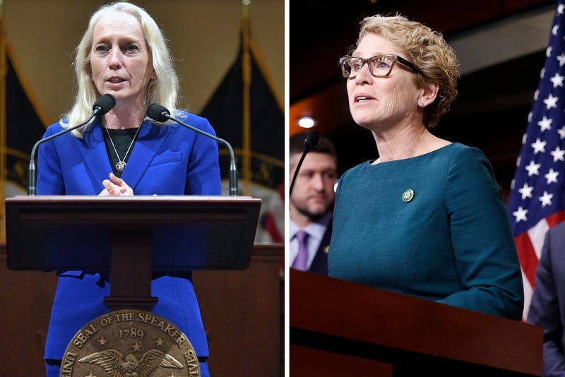 U.S. Reps. Mary Gay Scanlon (left) and Chrissy Houlahan both speaking at podiums