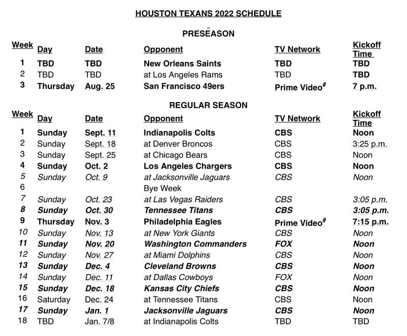 Houston Texans schedule