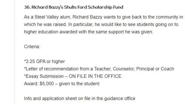 Scholarship description for students on the Steel Valley High School website.