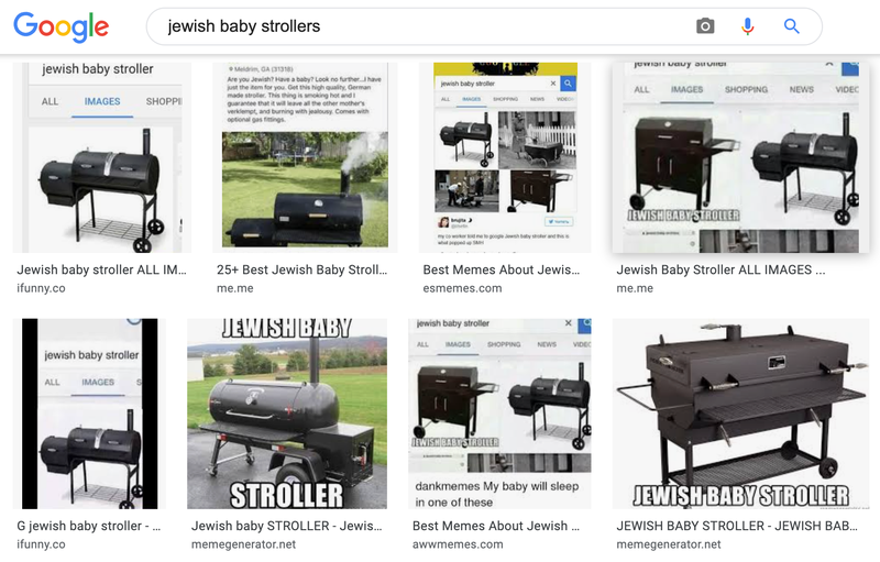 Search results displayed by Google when looking for "Jewish baby strollers."