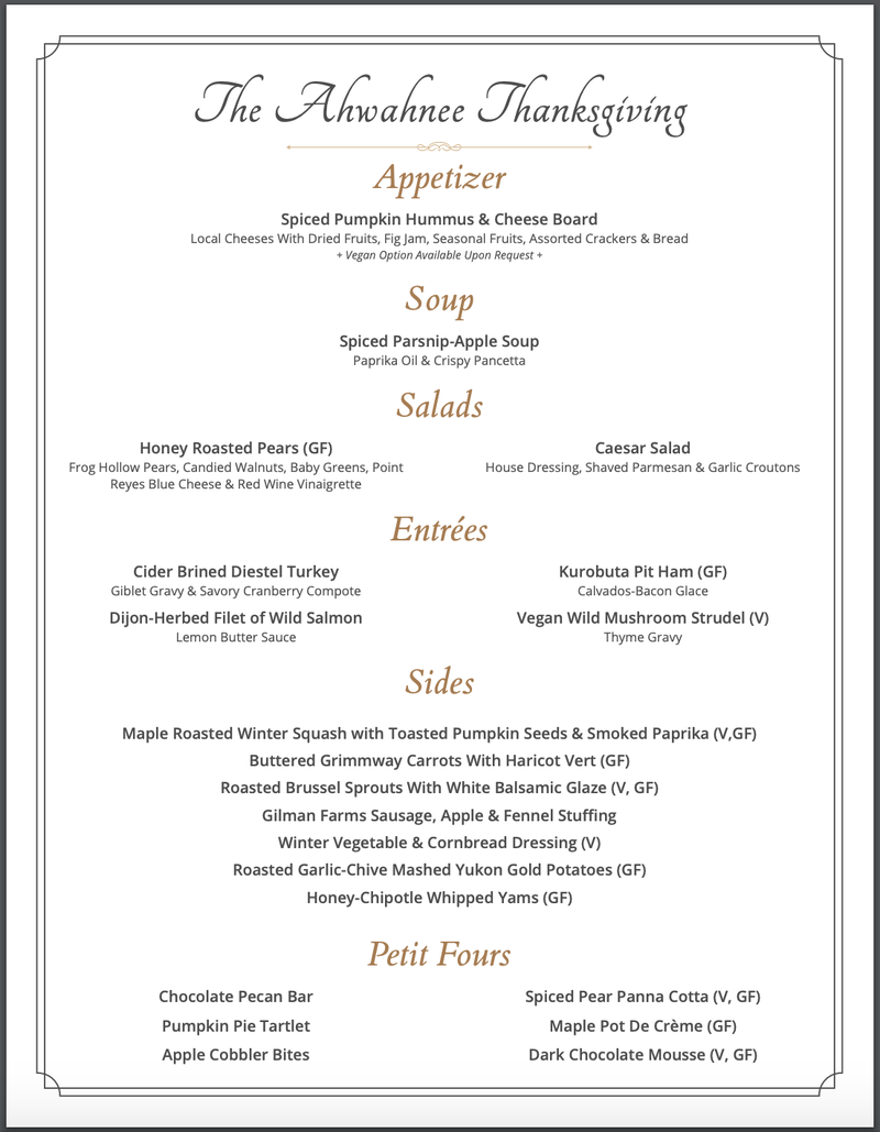 The Thanksgiving dinner menu at Yosemite's Ahwahnee Hotel.
