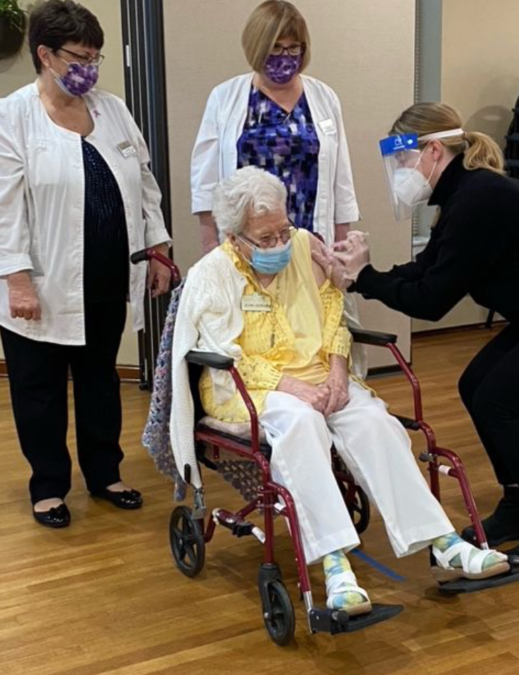 Elzora Costello, 109, the oldest resident in Luther Village in Arlington Heights, got her COVID-19 vaccination Monday. She's believed to be the oldest person in Illinois to receive the vaccine.
