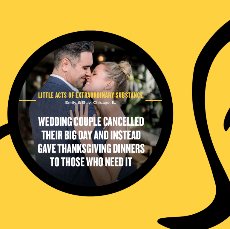 After having to cancel their wedding due to COVID, Chicago couple Emily Bugg and Billy Lewis went a nut above for their community and turned their nonrefundable catering deposit into Thanksgiving dinners for those in need struggling with mental illness.