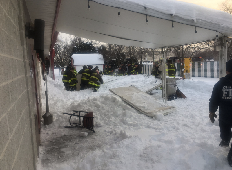 Chicago firefighters respond to the scene of a canopy collapse Feb. 17, 2021, at Club Hawthorne Corliss, 11203 S. Corliss Ave.