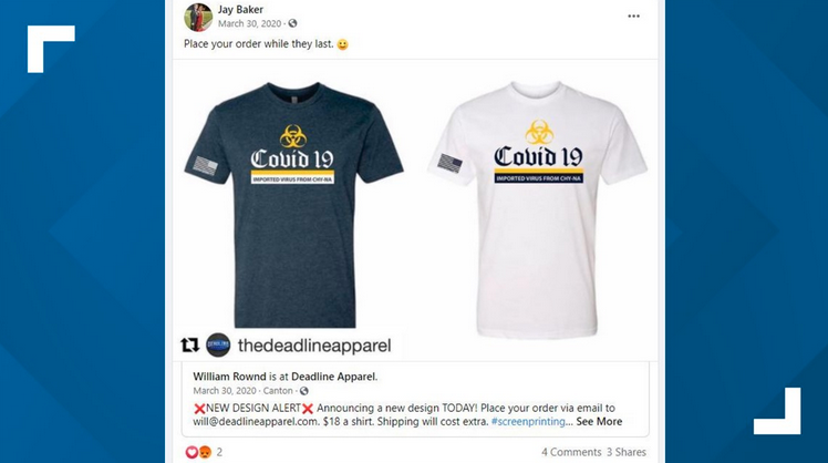 screen capture that appears to be a social media page of Captain Jay Baker, the spokesperson over spa shootings, looks to be to promoting shirts with racist slogans about Asians, AP reports