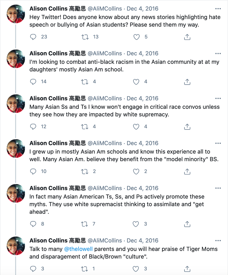 A portion of a controversial Twitter thread from San Francisco Board of Education Vice President Alison Collins in 2016.