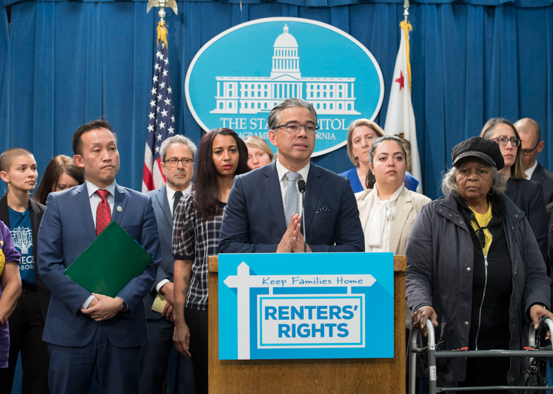 California State Assemblyman Rob Bonta speaks at a press conerence on renters' rights.