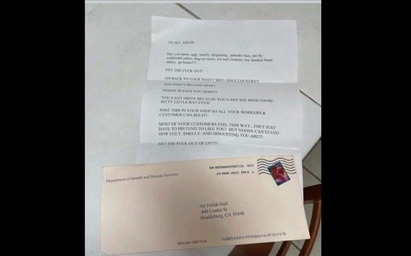 A photo of the derogatory, anti-Asian letter allegedly sent to All Polish Nails and Spa in Healdsburg.