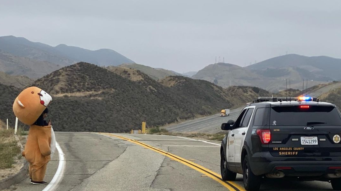 There's a person in a life-size teddy bear costume walking from LA to San Francisco