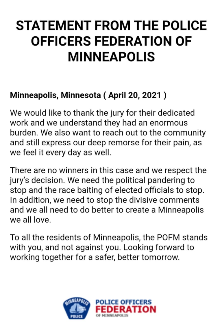 Statement from Police Officers Federation of Minneapolis