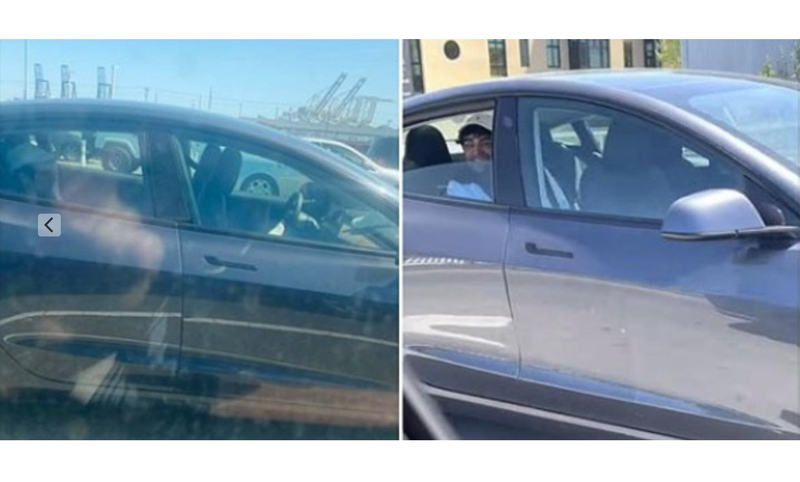 The suspect, Param Sharma, seen in his Tesla Model 3 in an incident photographed and distributed by authorities last weekend.