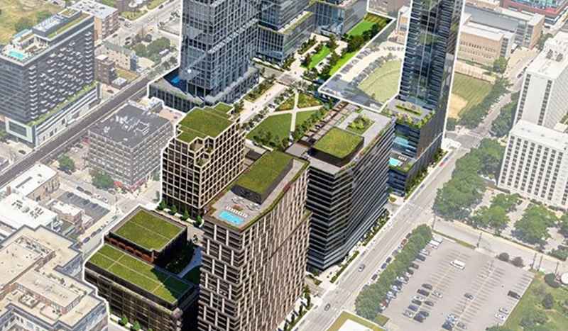 Rendering shows a view looking northwest of JDL Development’s plans for the Moody Bible Institute property.
