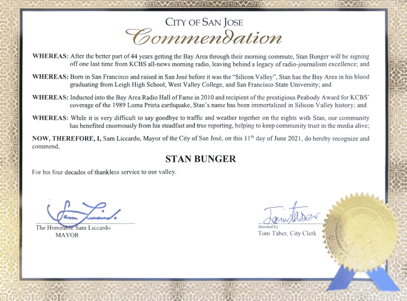 Mayor Sam Liccardo recognizes Stan Bunger on Friday, June 11, 2021.