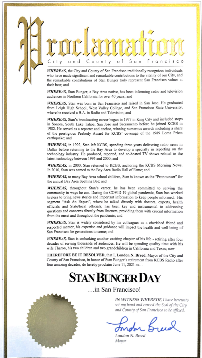 Mayor London Breed declares Friday, June 11, 2021 "Stan Bunger Day" in San Francisco.