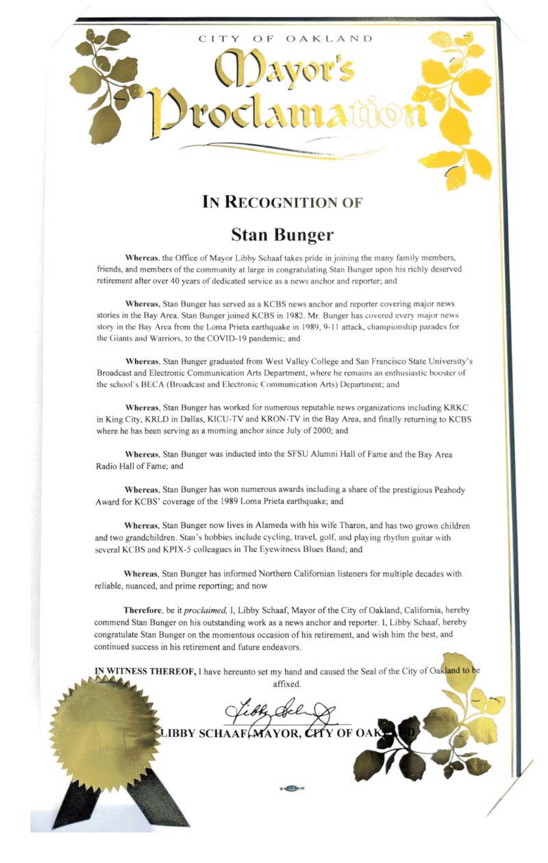 Oakland Mayor Libby Schaaf commends Stan Bunger's incredible career.