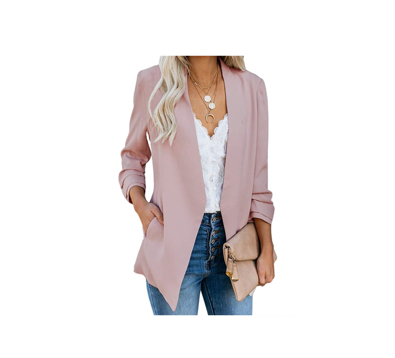 Ofenbuy Womens Casual Blazer Ruched 3/4 Sleeve Open Front Relax Fit Office Lightweight Cardigan Jacket Blazer