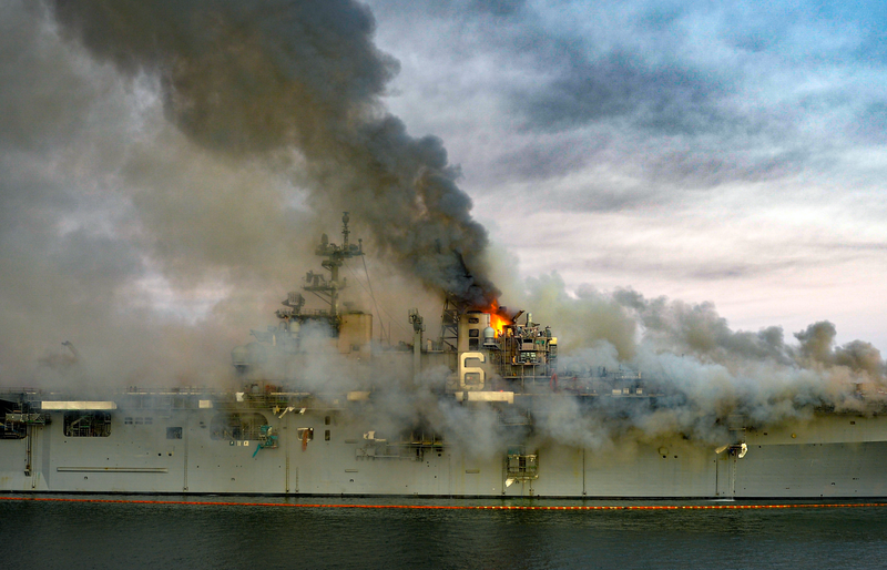 A fire on board USS Bonhomme Richard in San Diego in July 2020.