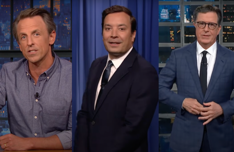 Seth Meyers, left, Jimmy Kimmel, center, and Stephen Colbert, right.