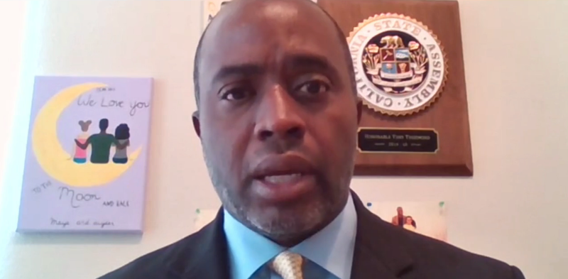 State Superintendent Tony Thurmond speaking during a news conference where he urged students’ parents and families to receive the COVID-19 vaccine.
