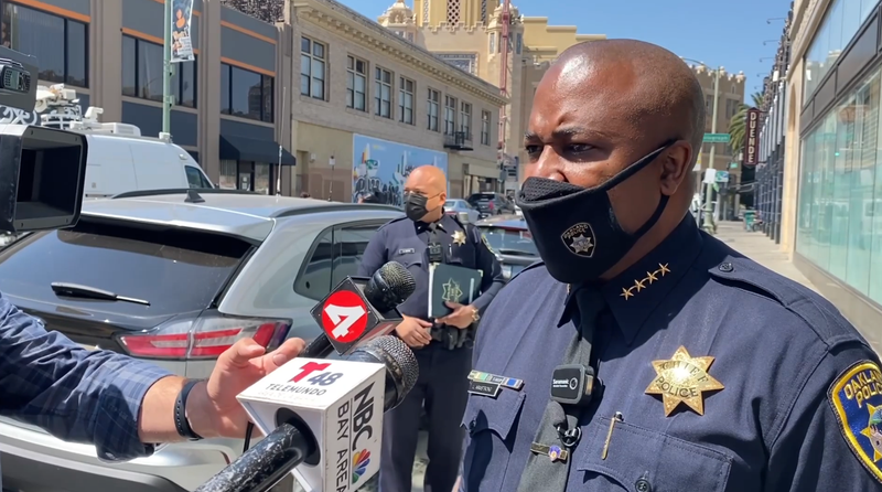 Oakland Police Chief LeRonne Armstrong speaking to reporters on Monday after another violent weekend in the city.