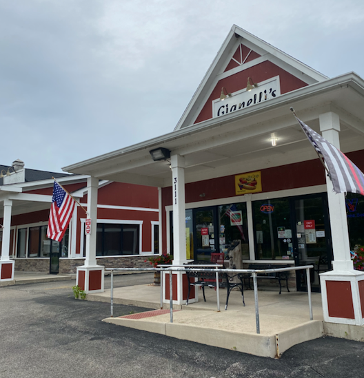 American flags at suburban restaurant