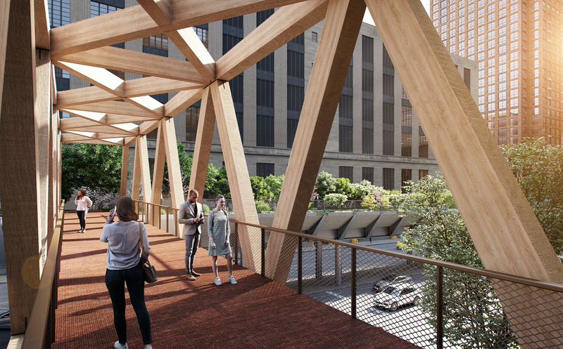 The official renderings for the “L”-shaped expansion of the High Line that will connect Manhattan’s elevated park to the Moynihan Train Hall.