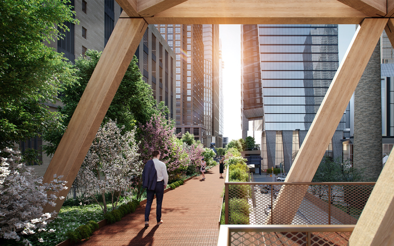 The official renderings for the “L”-shaped expansion of the High Line that will connect Manhattan’s elevated park to the Moynihan Train Hall.