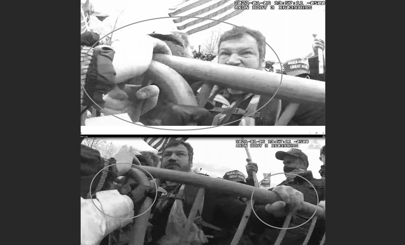 Body cam footage shows Neumann wrestling over control of the barricade with one of the Capitol police officers.