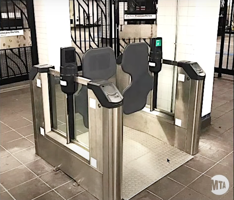 The new, wider turnstile the MTA will begin installing in its system, as displayed last year in the Jay St-Metrotech station in Brooklyn.