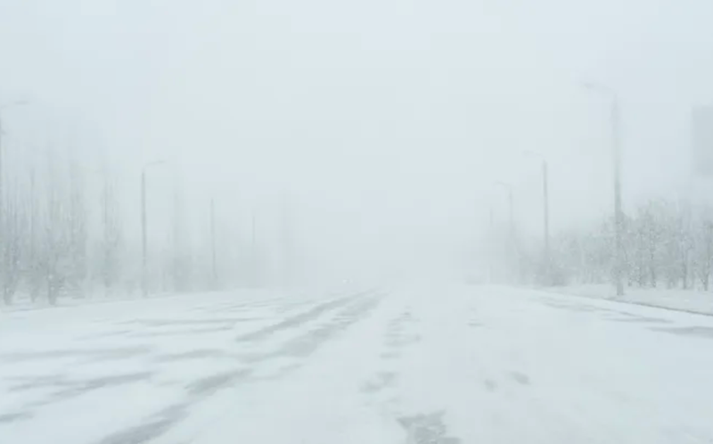 Snowfall in a city. 