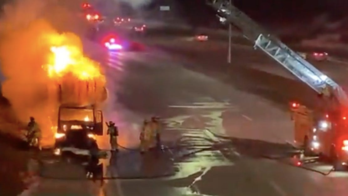 WATCH: Semi-truck goes up in flames on I-696 in Warren