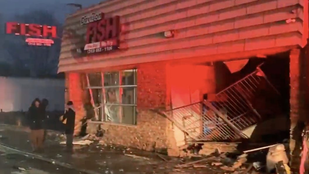Detroit fish market undergoes major damage after car slips on ice, crashes into building