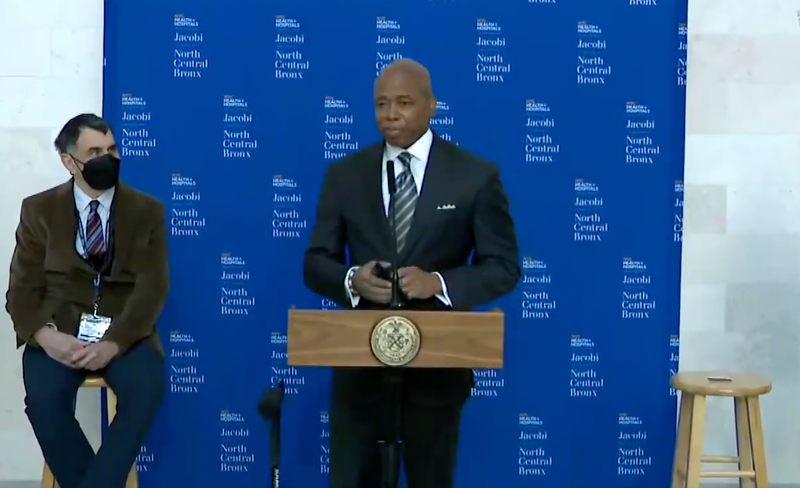 Mayor Eric Adams holding a press conference at Jacobi Hospital