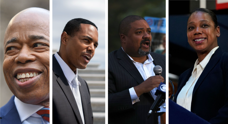 Mayor Eric Adams, Congressman Ritchie Torres, District Attorney Alvin Bragg and NYPD Commissioner Keechant Sewell 
