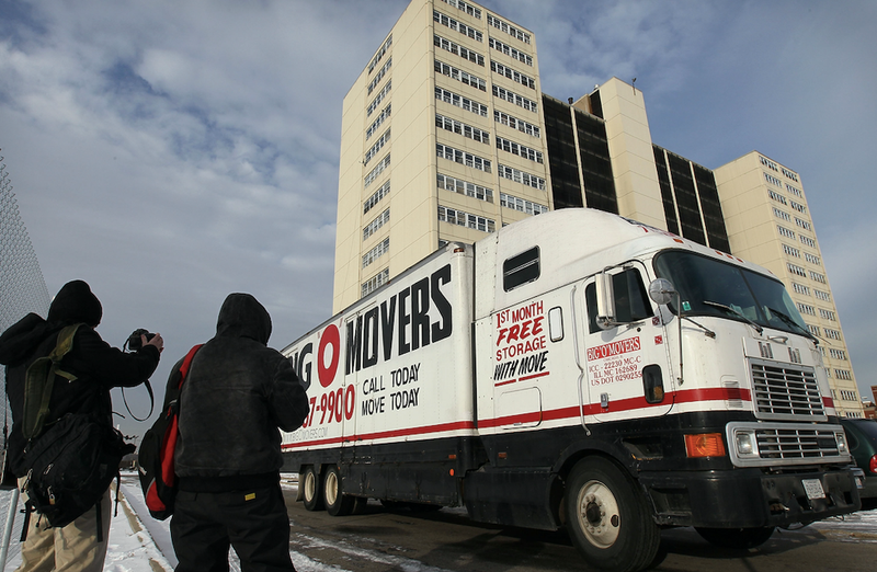 Moving truck outside the old Cabrini-Green housing development.