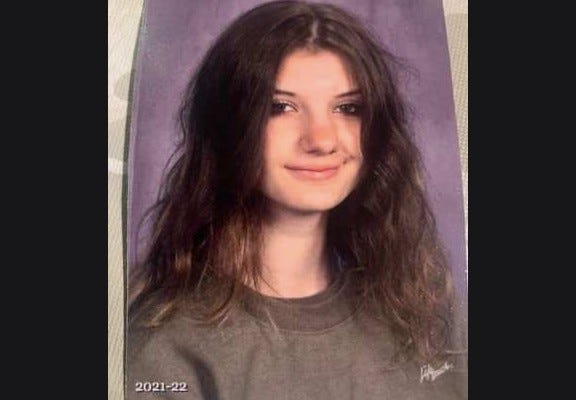 School photo with purple background girl with brown hair and wearing grey shirt