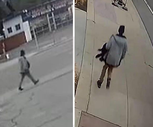 Surveillance footage of man in Grey jacket and light brown pants walking