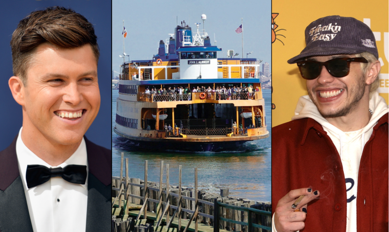 Colin Jost (L), the Staten Island Ferry John F. Kennedy (C) and Pete Davidson (R). 