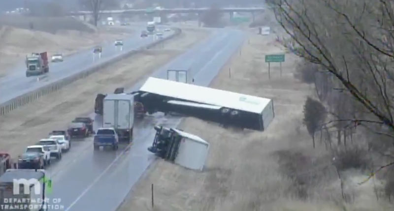 Semi-truck overturned on Interstate 35. 