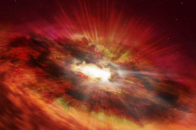 This is an artist's illustration of a supermassive black hole that is inside the dust-shrouded core of a vigorously star-forming "starburst" galaxy. 
